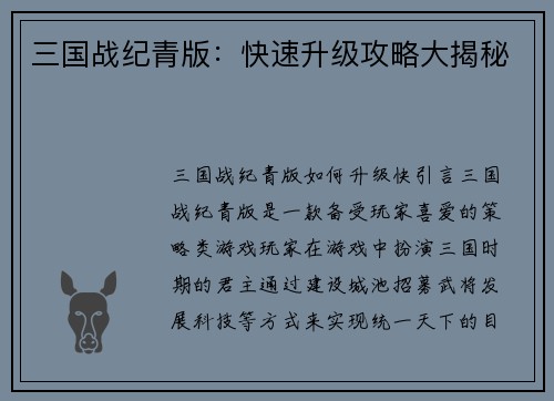 三国战纪青版：快速升级攻略大揭秘